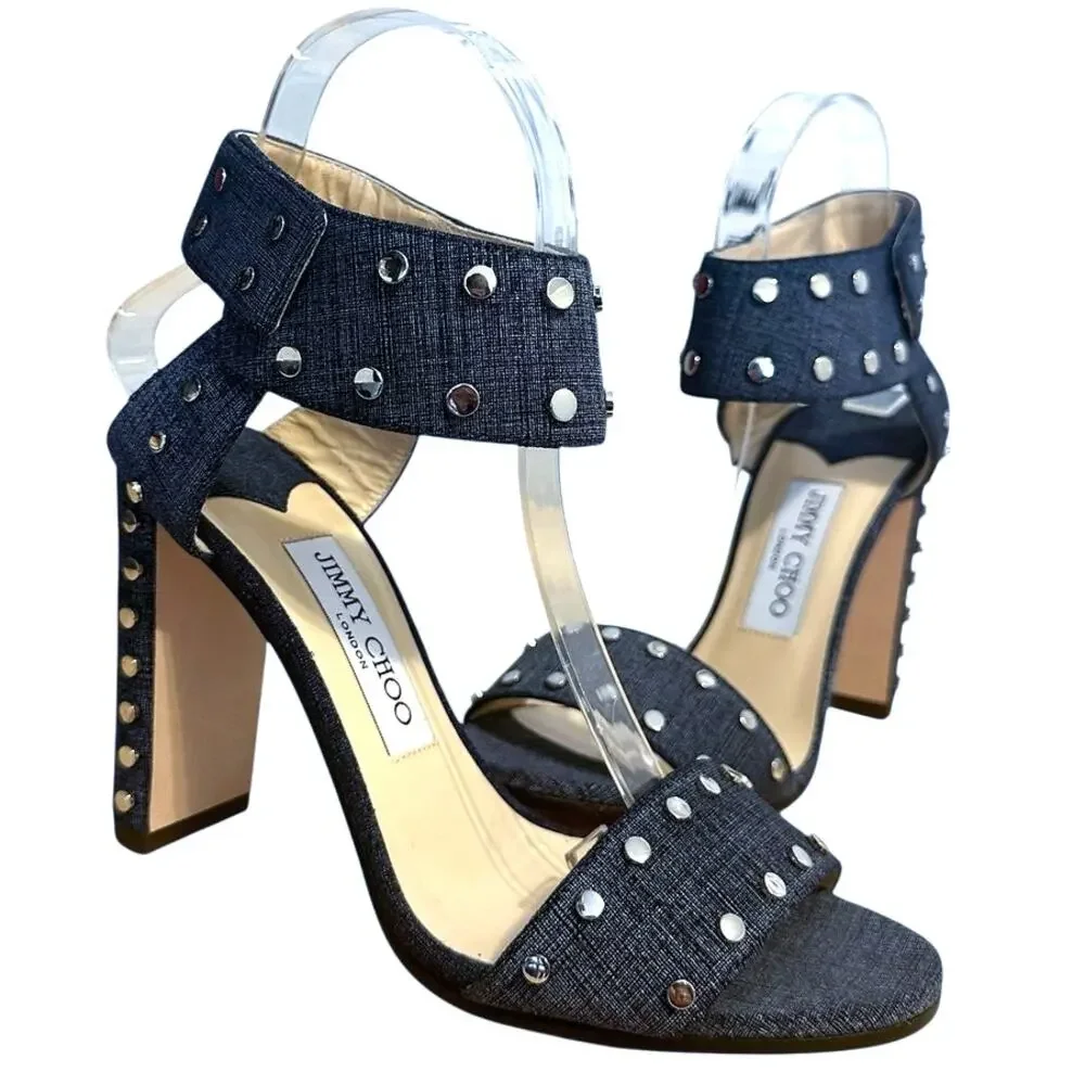Jimmy Choo Veto 100 Blue Studded Ankle Strap High Heel Sandals 37.5 Wedding